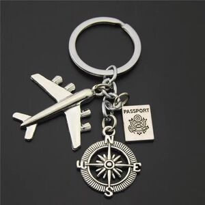 Silver Airplane and Compass Keychain S1118
